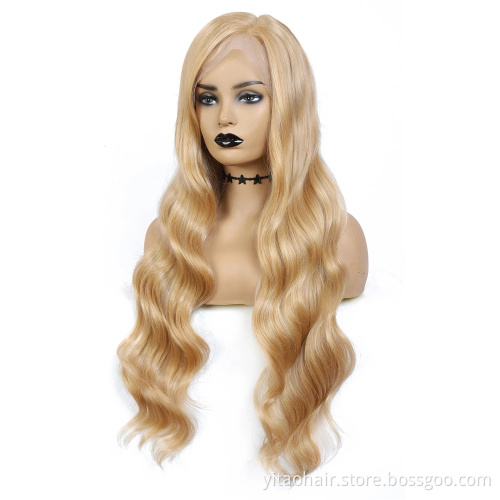 Blonde long wave Lace front Wig L Part Heat Resist Fiber Soft Long body Wave Hair Wig For Black Women Synthetic Lace Front Wigs